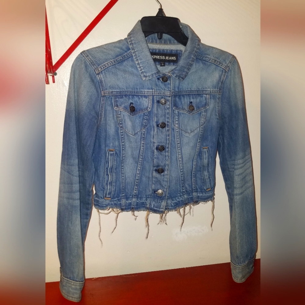 Express Jean Jacket Cropped Fringe Bottom Size Small